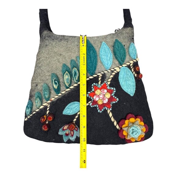 Nepal Handmade Felted Wool Tote Shoulder Bag Brown Gray Blue Flower Floral Purse - Picture 8 of 11